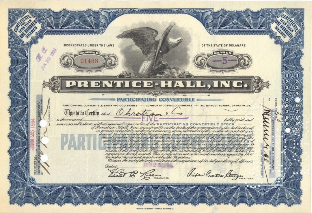 Prentice-Hall, Inc. - 1934 dated Stock Certificate