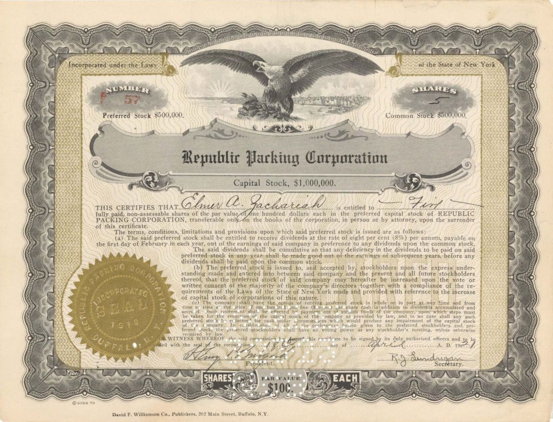 Republic Packing Corp. - 1921 dated Stock Certificate