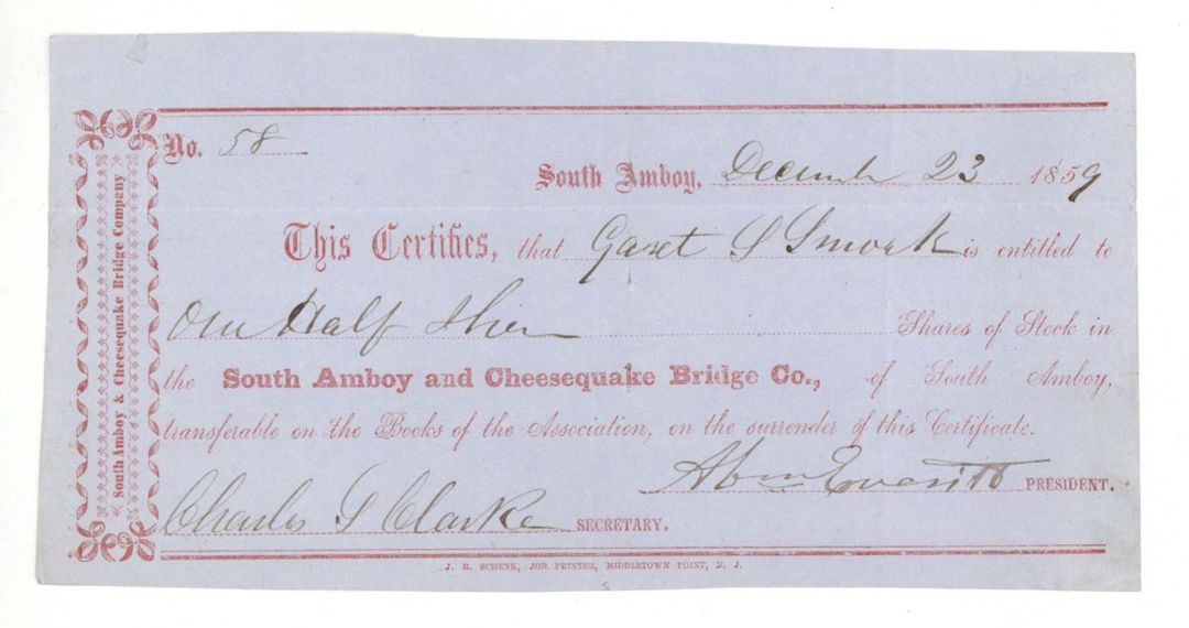 South Amboy and Cheesequake Bridge Co. - 1859 dated Stock Certificate