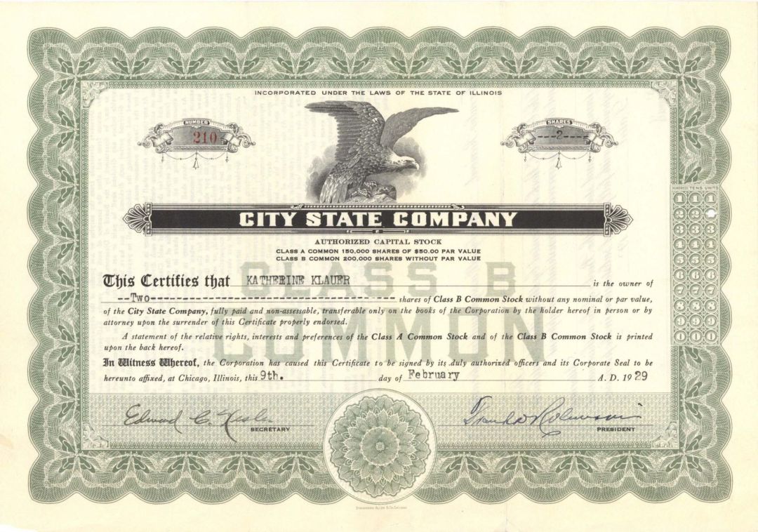 City State Co.  - 1929 dated Stock Certificate