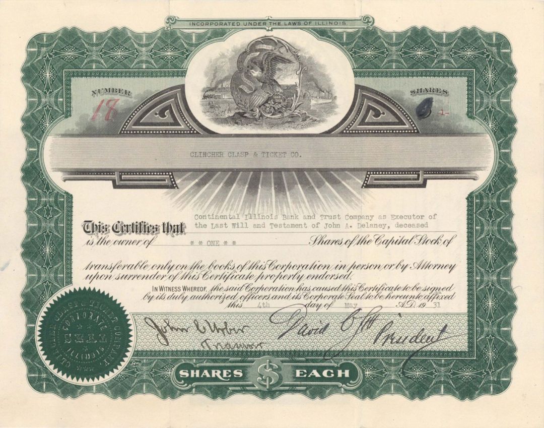 Clincher Clasp and Ticket Co.  - 1931 dated Stock Certificate