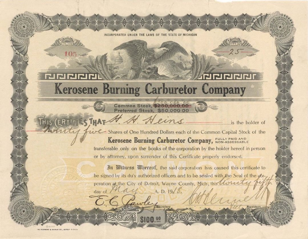 Kerosene Burning Carburetor Co.  - 1918 dated Stock Certificate