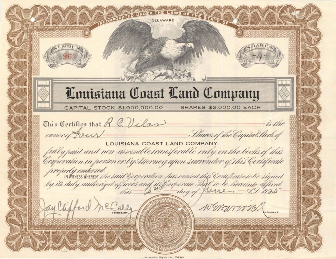 Louisiana Coast Land Co.  - 1925 dated Stock Certificate