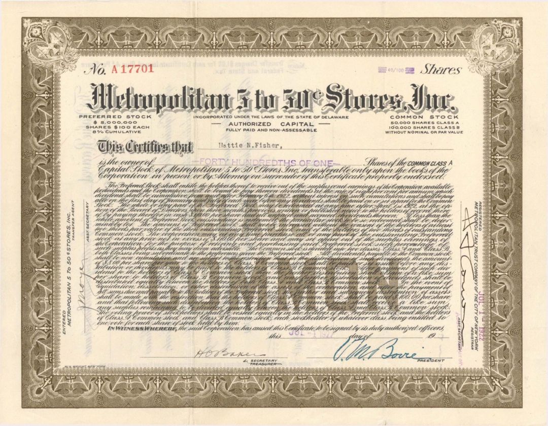 Metropolitan 5 to 50¢ Stores, Inc.  - 1922 dated Stock Certificate