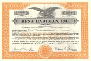 Rena Hartman, Inc.  - 1929 dated Stock Certificate