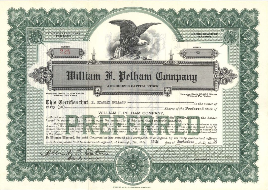 William F. Pelham Co.  - 1929 dated Stock Certificate