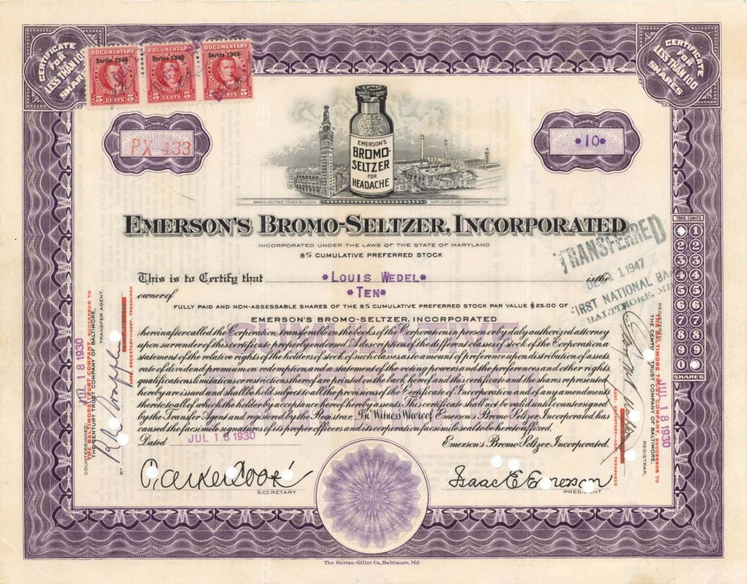 Emerson's Bromo-Seltzer, Inc.  - 1930-1952 dated Stock Certificate