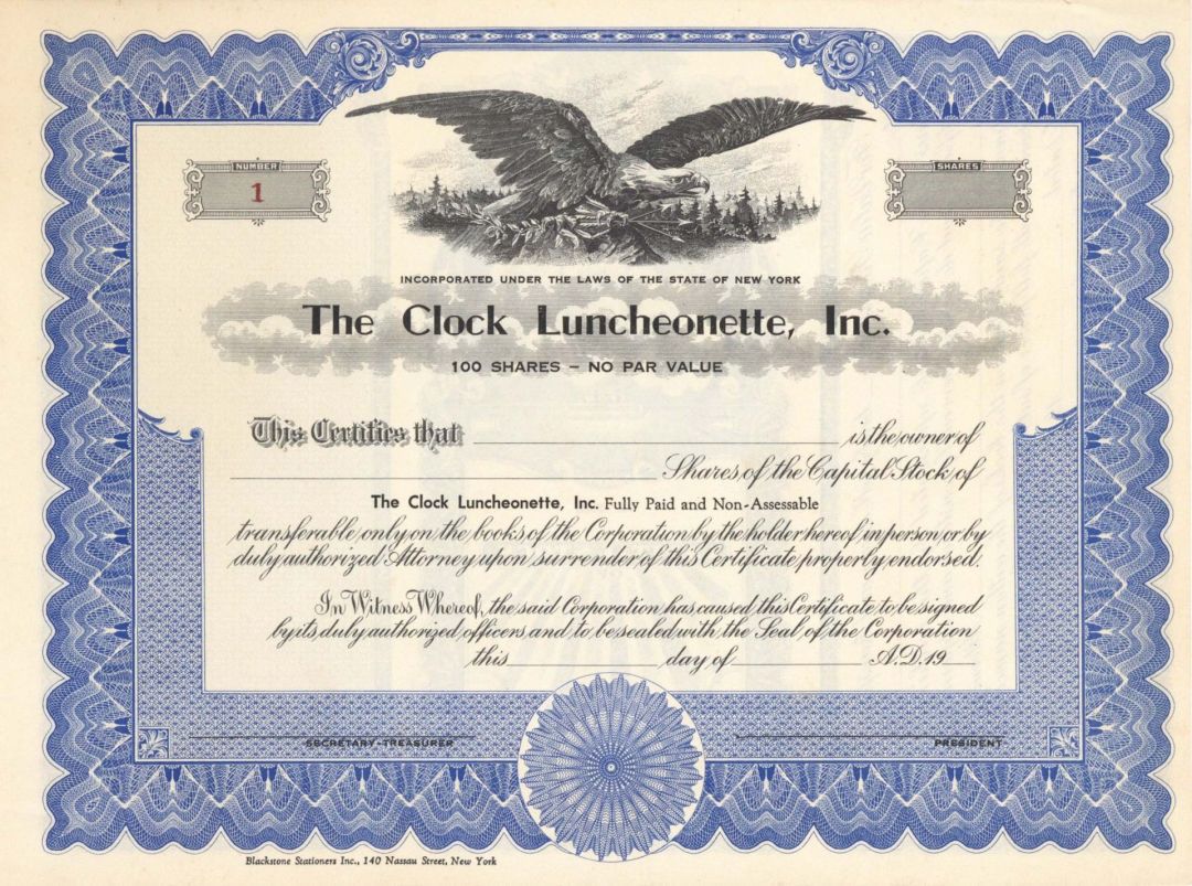 Clock Luncheonette, Inc.  - Unissued Stock Certificate