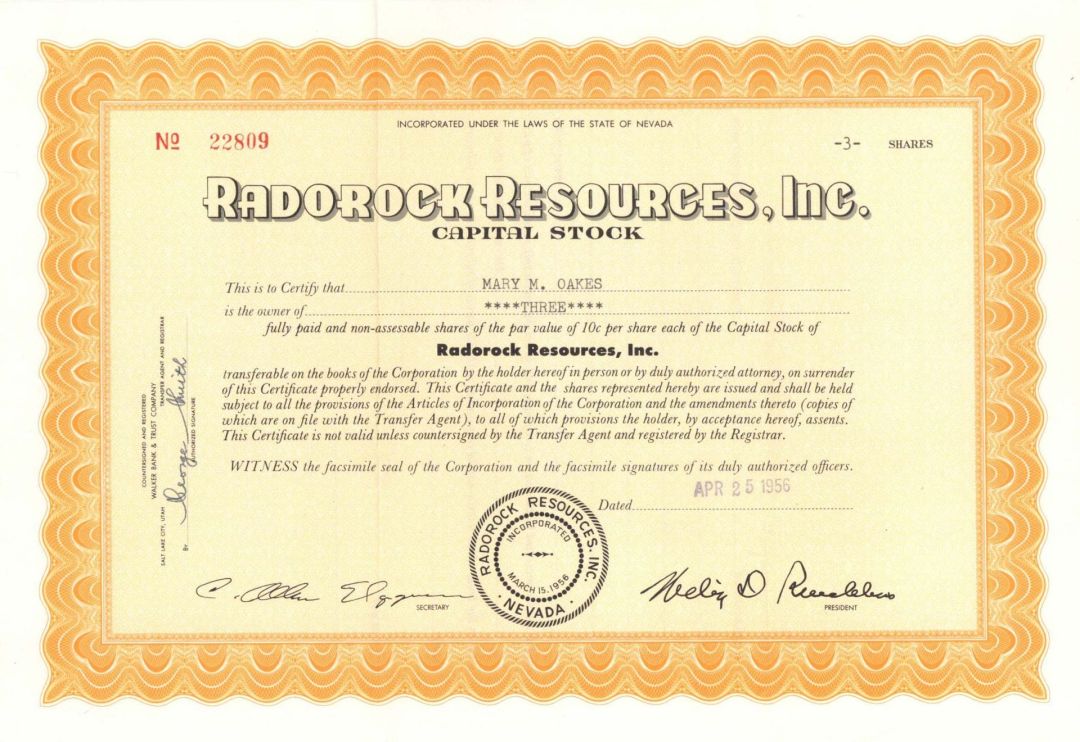 Radorock Resources, Inc.  - 1956 dated Stock Certificate