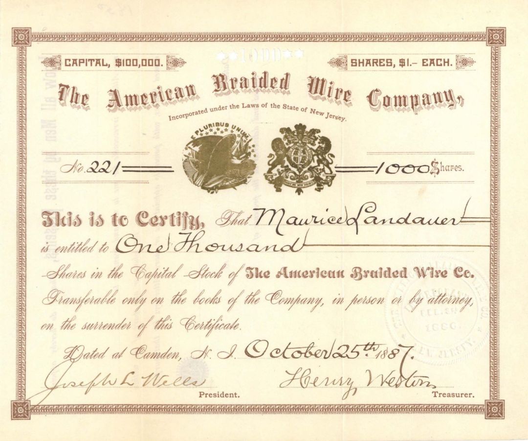 American Braided Wire Co. - 1887 dated Stock Certificate
