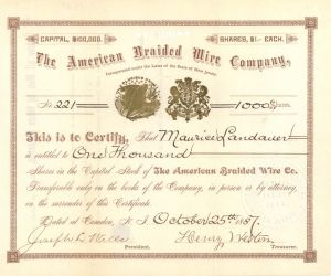 American Braided Wire Co. - 1887 dated Stock Certificate