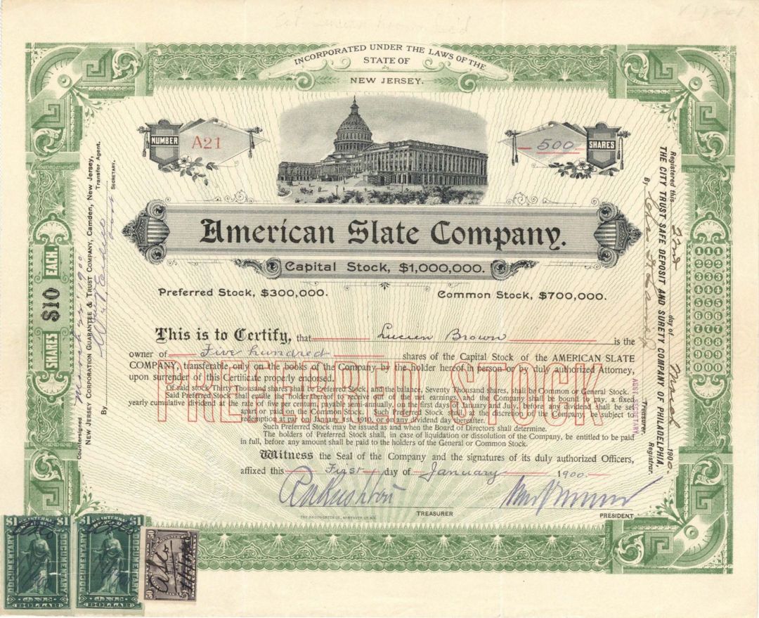 American Slate Co. - 1900 dated Stock Certificate