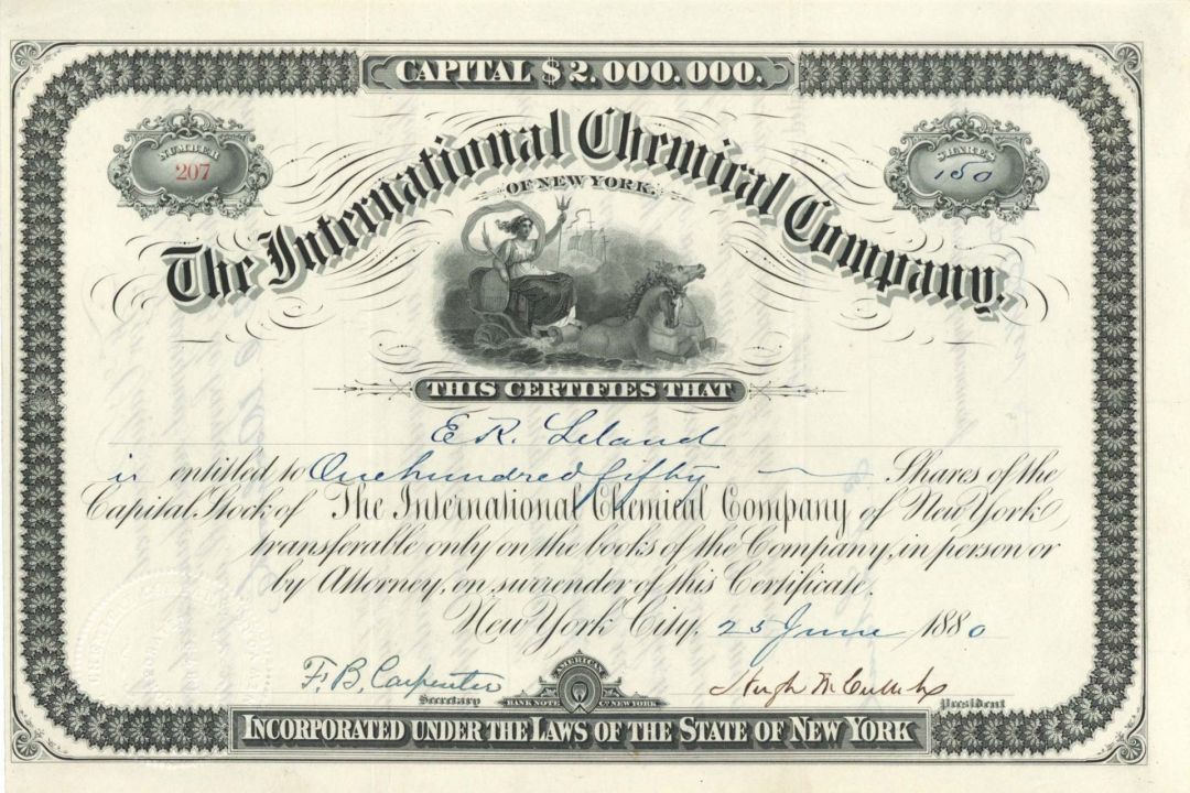International Chemical Co. - 1880 dated Stock Certificate