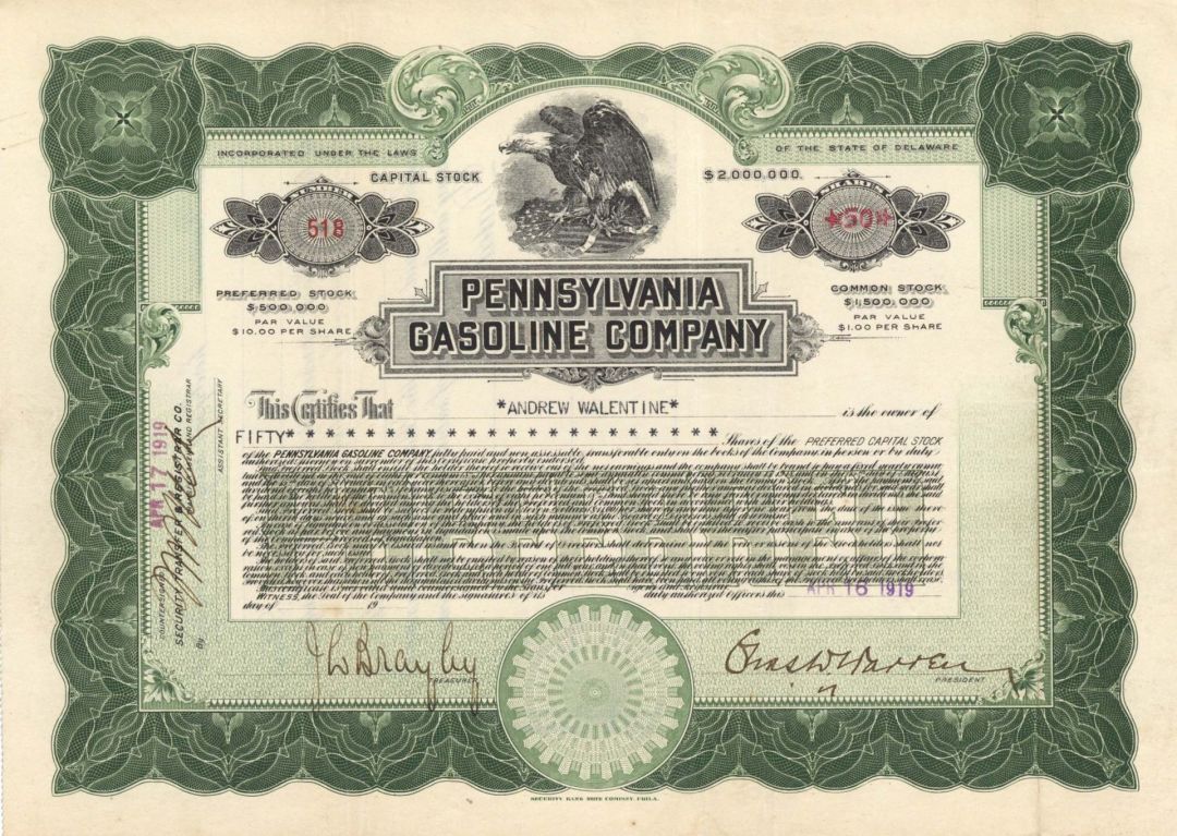 Pennsylvania Gasoline Co. - 1919 dated Stock Certificate