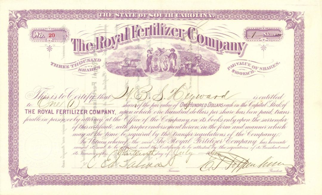 Royal Fertilizer Co. - 1891 dated Stock Certificate