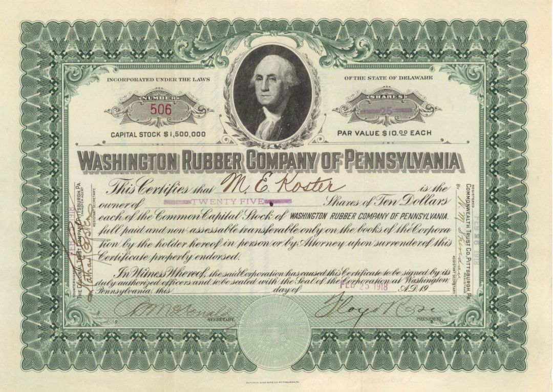 Washington Rubber Company of Pennsylvania - 1918 dated Stock Certificate