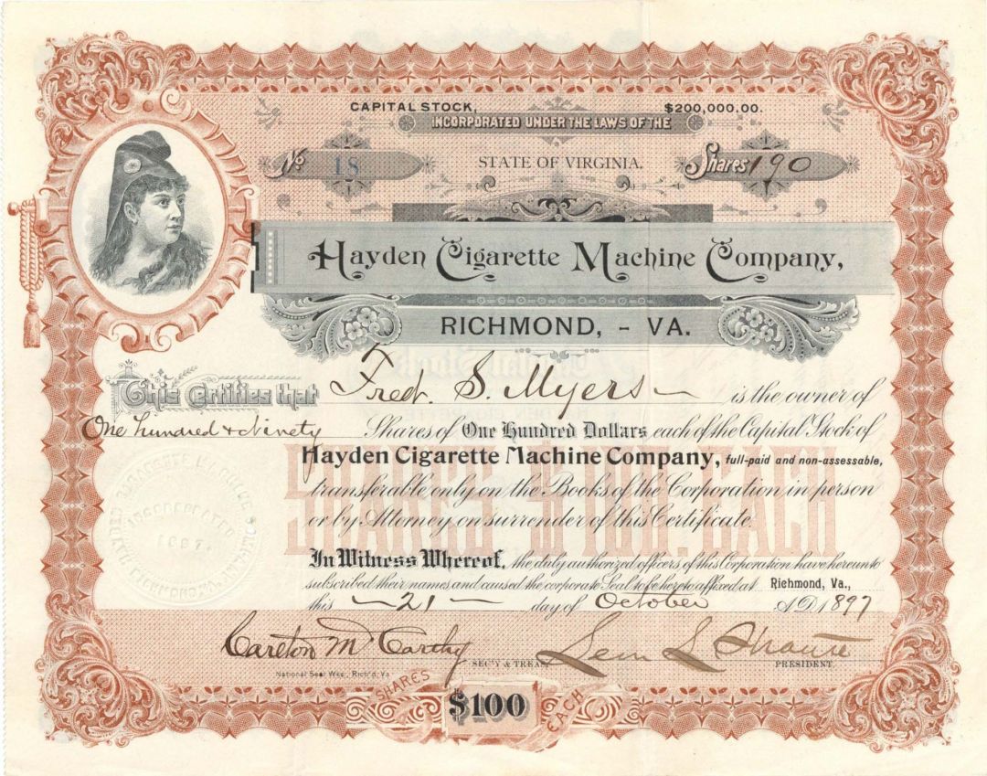 Hayden Cigarette Machine Co. - 1897 dated Stock Certificate