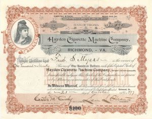 Hayden Cigarette Machine Co. - 1897 dated Stock Certificate