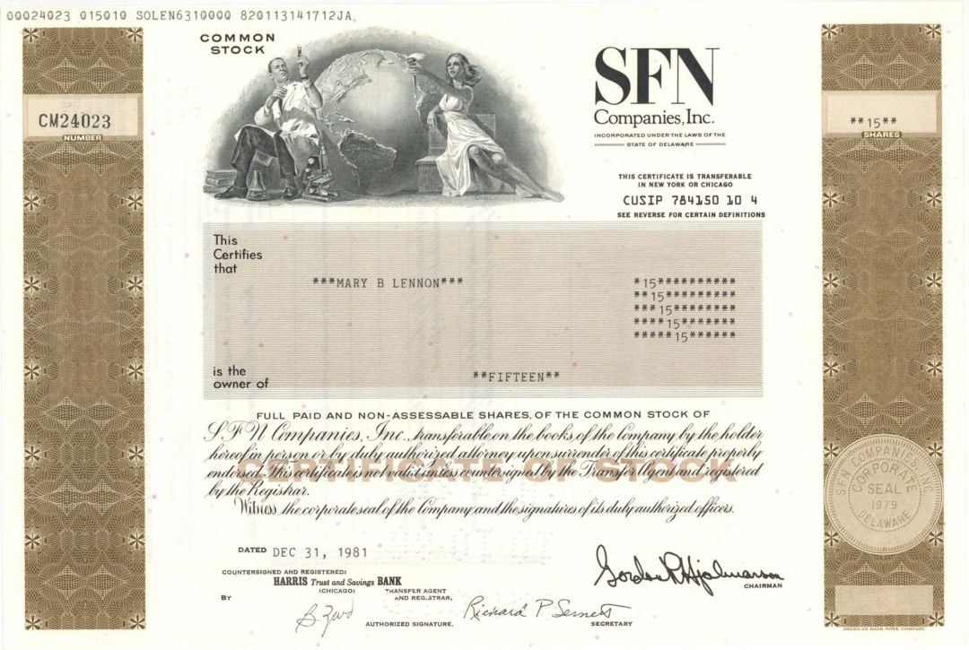 SFN Companies, Inc. - 1981-1984 dated Stock Certificate