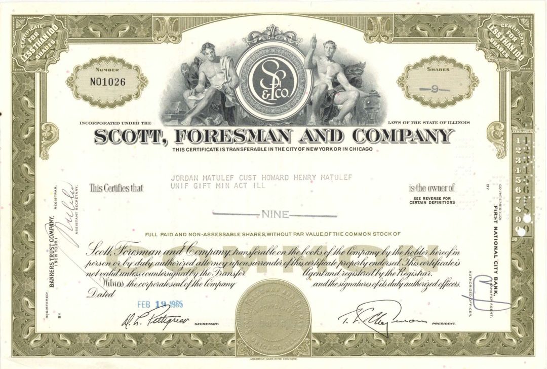 Scott, Foresman and Company - 1960's-1970's dated Stock Certificate