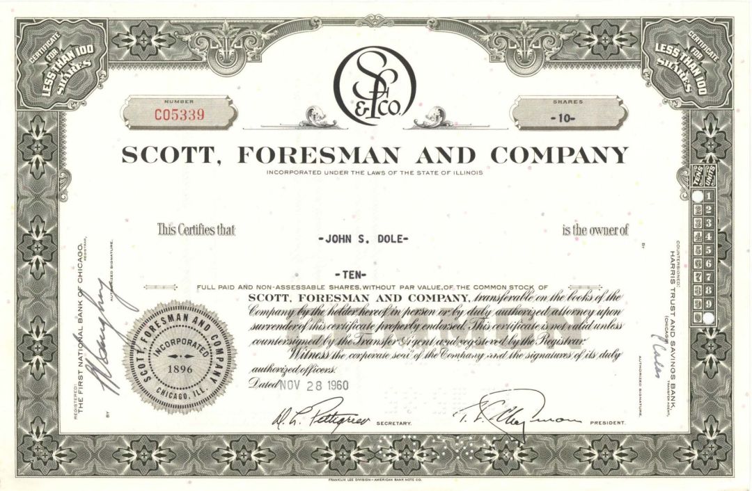 Scott, Foresman and Company - 1960-1963 dated Stock Certificate