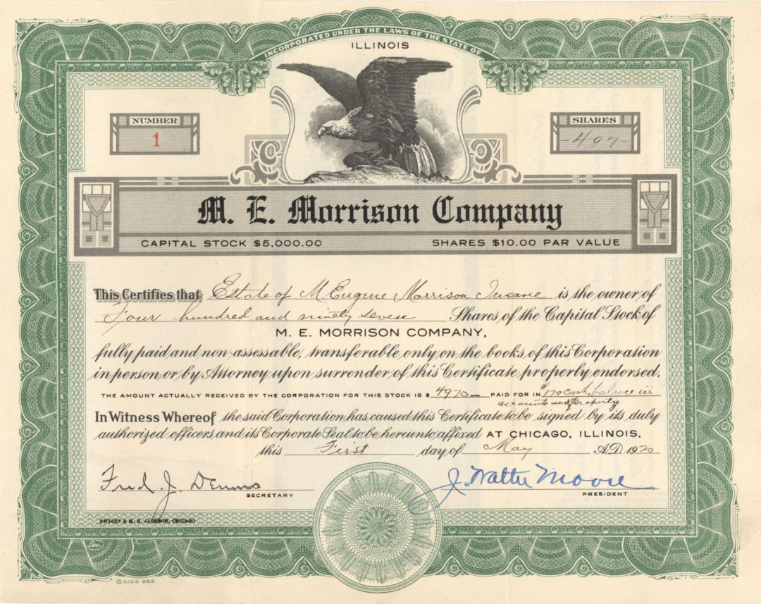M.E. Morrison Co. - 1920 dated Stock Certificate