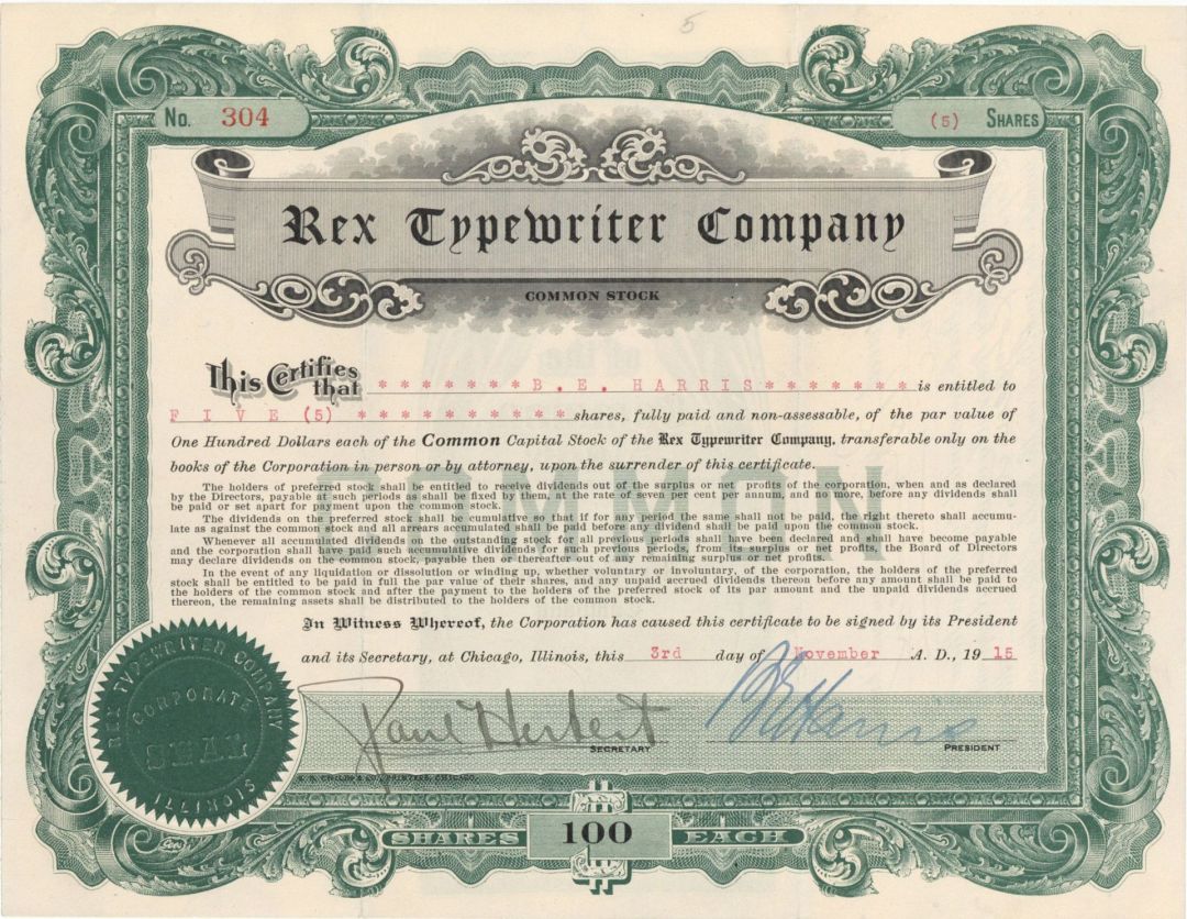 Rex Typewriter Co. - 1915 dated Stock Certificate