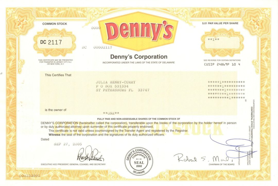 Denny's Corp. - 2005 or 2006 dated Stock Certificate