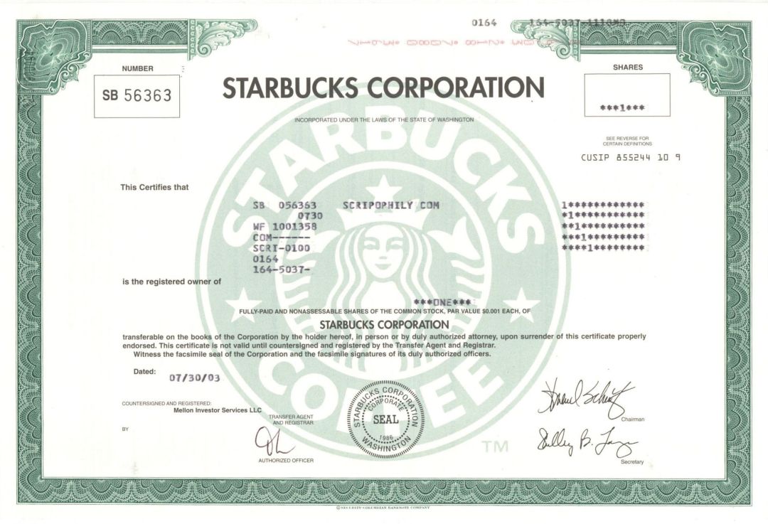 Starbucks Corp. - 2003 dated Stock Certificate