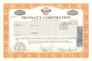 Trans-Lux Corp. - 1985-1988 dated Stock Certificate