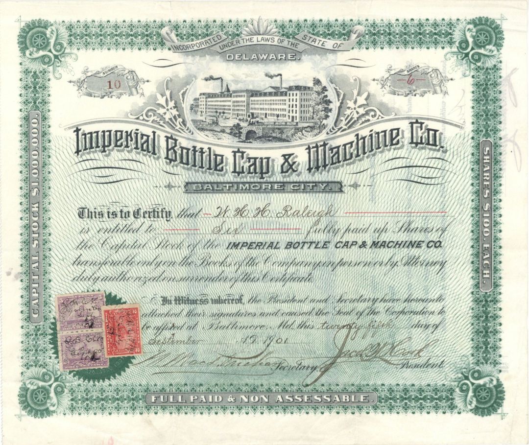 Imperial Bottle Cap and Machine Co. - 1901 dated Stock Certificate