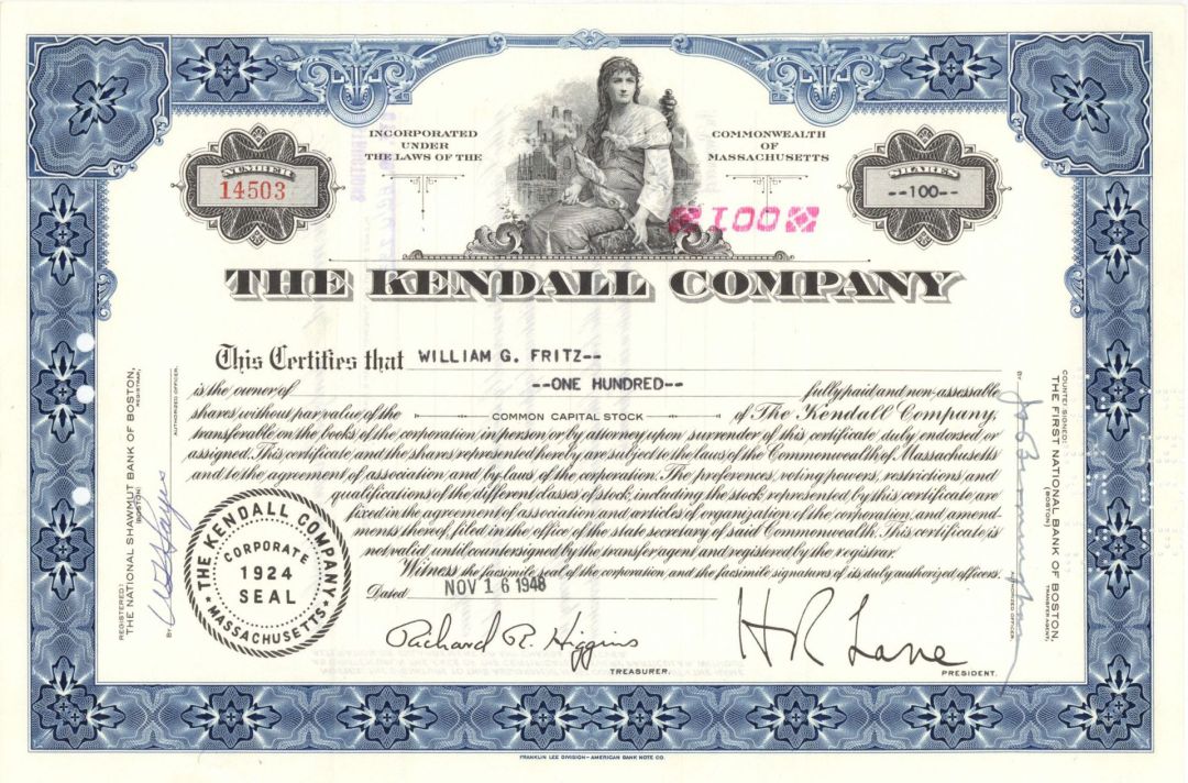 Kendall Co. - 1948 or 1953 dated Stock Certificate