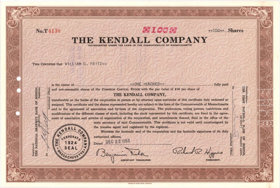 Kendall Co. - 1953 dated Stock Certificate