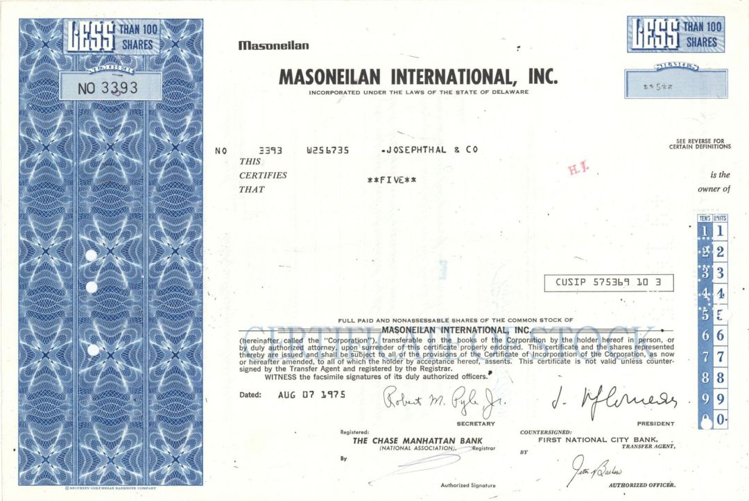 Masoneilan International, Inc. - 1975 dated Stock Certificate