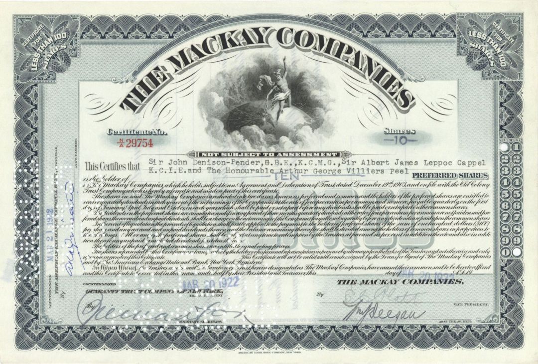 Mackay Companies -  1922 dated Stock Certificate