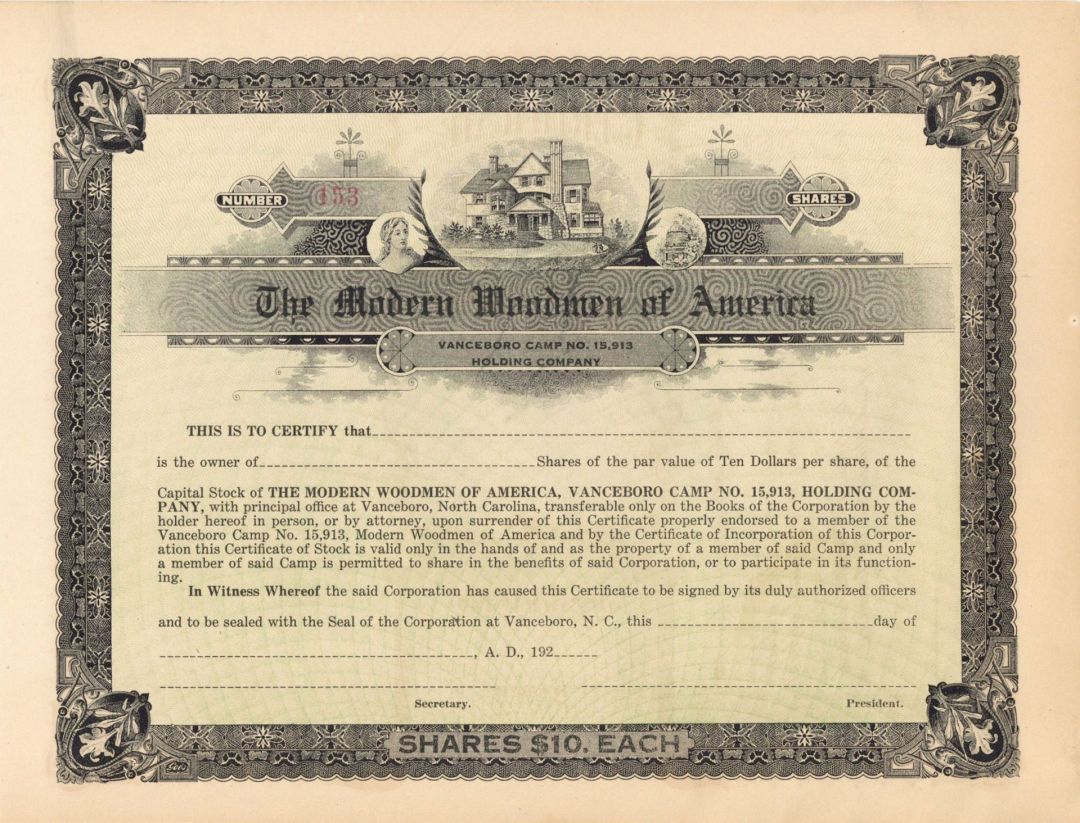 Modern Woodmen of America -  Unissued Stock Certificate