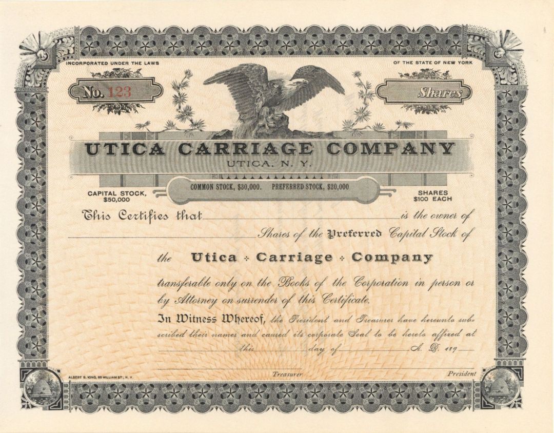 Utica Carriage Co. -  Unissued Stock Certificate