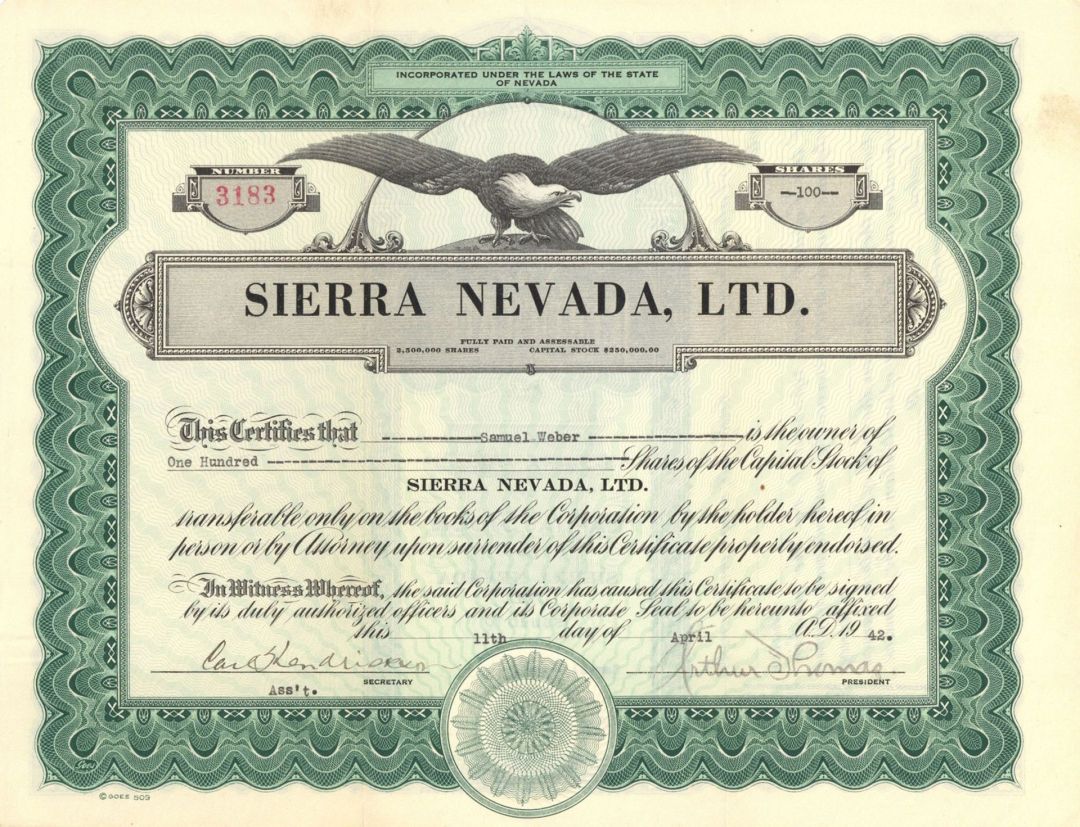 Sierra Nevada, Ltd. - 1942 dated Stock Certificate