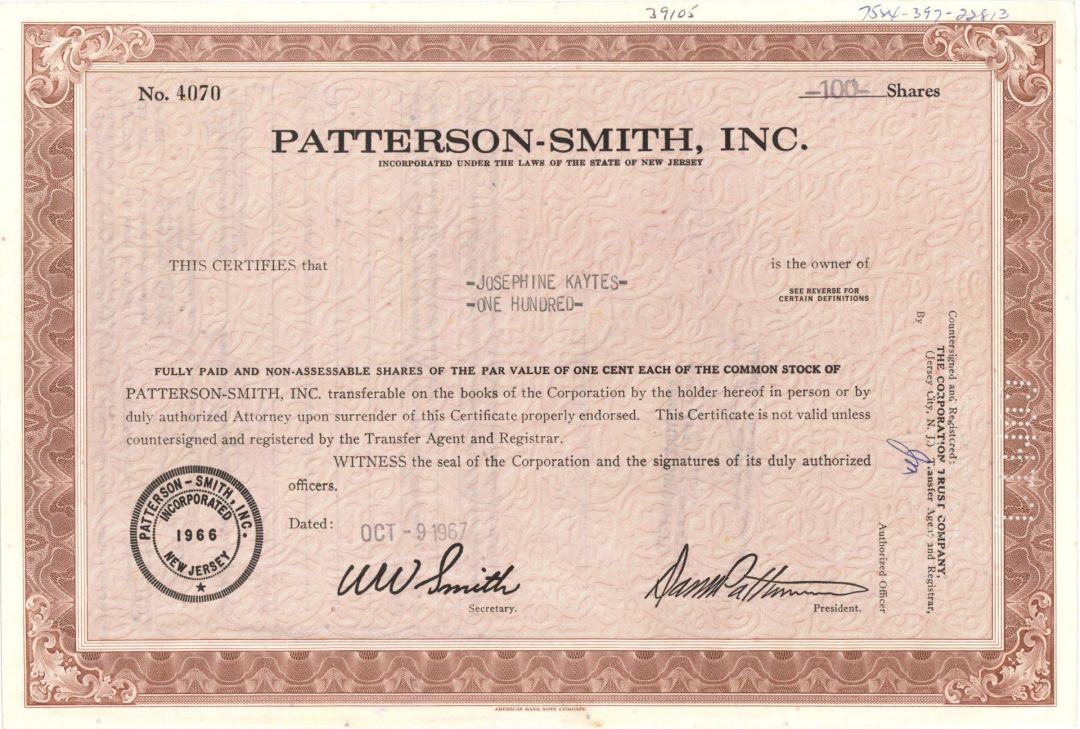 Patterson-Smith, Inc. - 1967-1969 dated Stock Certificate