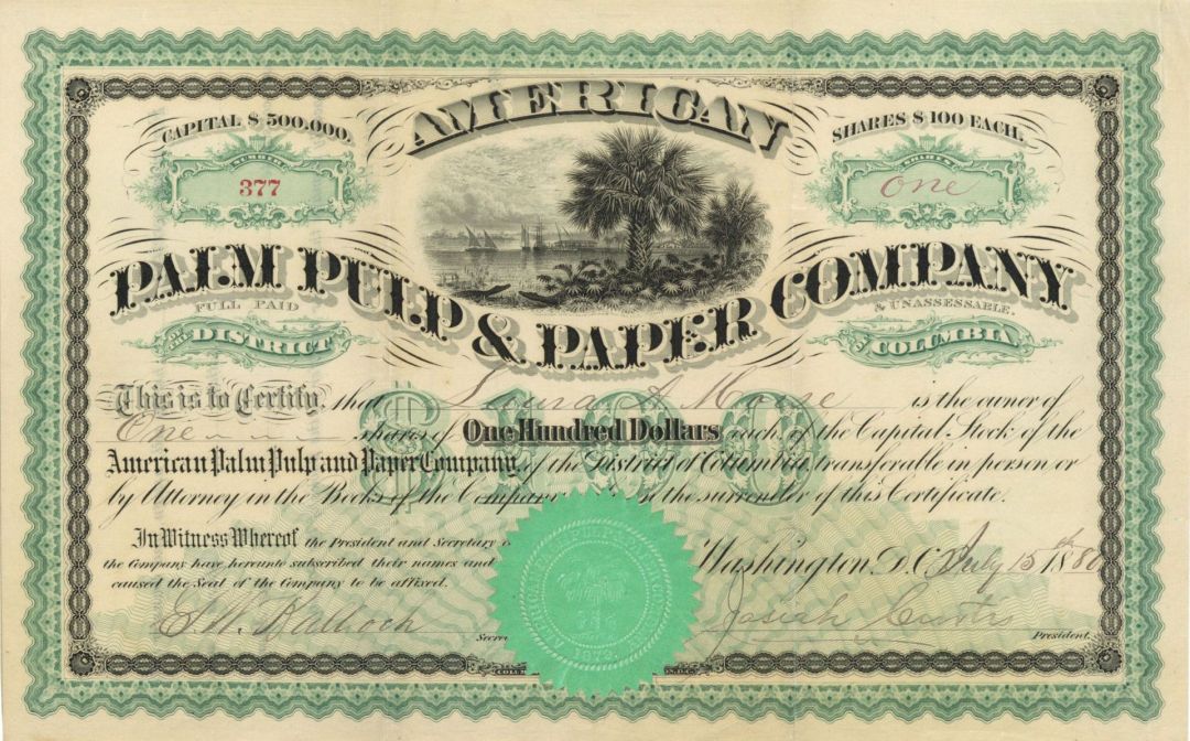 American Palm Pulp and Paper Co. - 1880 dated Stock Certificate