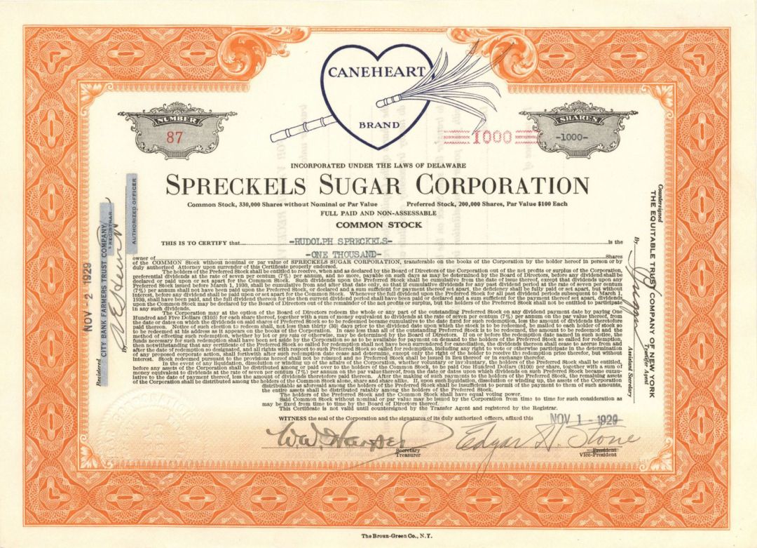 Spreckels Sugar Corp. - 1929 dated Stock Certificate