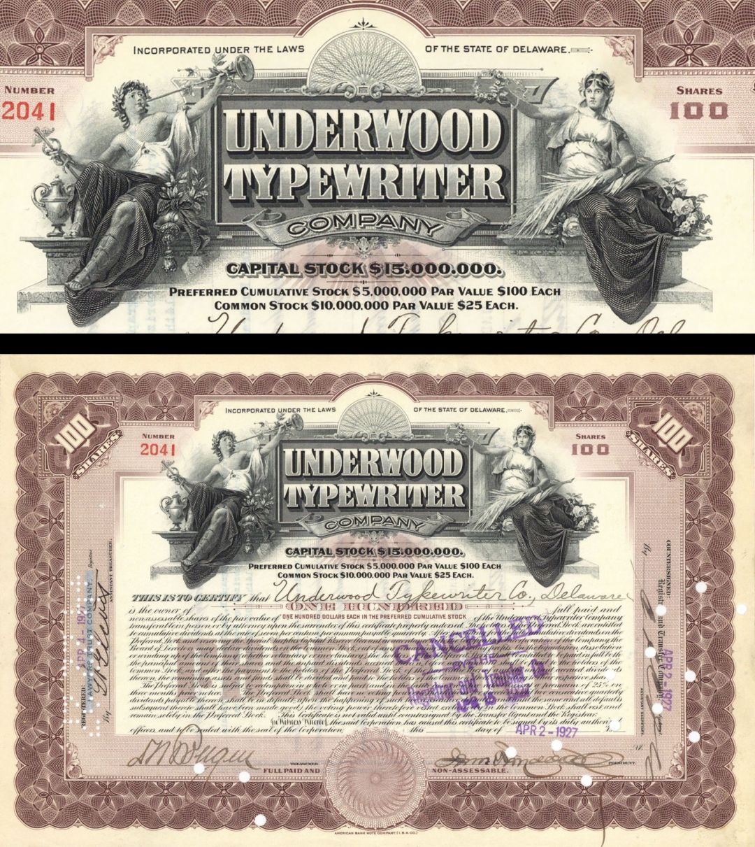 Underwood Typewriter Co. - 1927 dated Stock Certificate