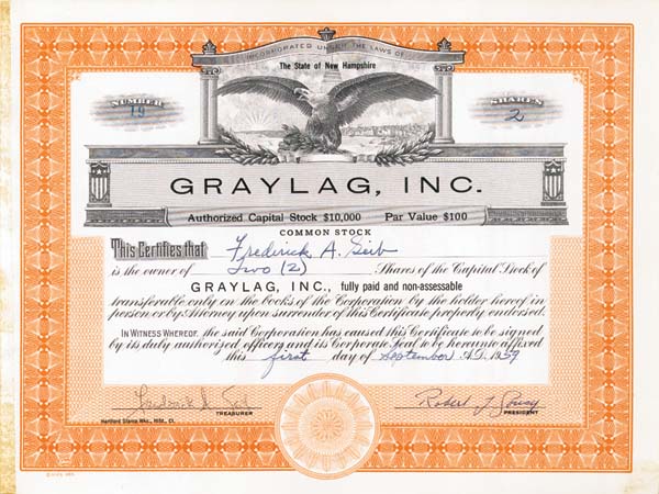 Basketball Great Bob Cousy - Graylag, Inc. - Stock Certificate (Uncanceled)