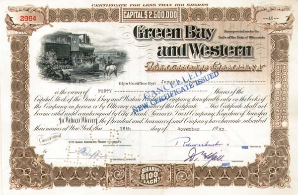 Green Bay and Western Railroad - Stock Certificate