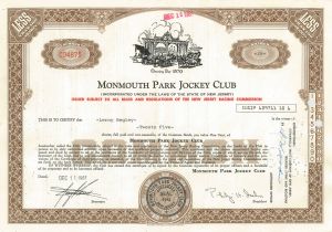 Monmouth Park Jockey Club - 1950's-70's dated Horse Racing Stock Certificate