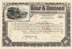 Gulf and Chicago Railway Company - Mississippi and Tennessee - Stock Certificate