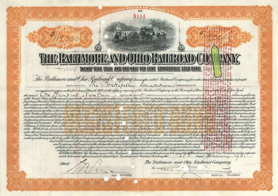 Baltimore and Ohio Railroad Co. Issued to Rockefeller Foundation - 1931 dated $119,000 Bond