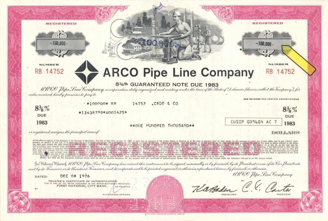 Arco Pipe Line Co. - 1976 or 1977 dated $100,000 Bond - High Denomination Registered Bond