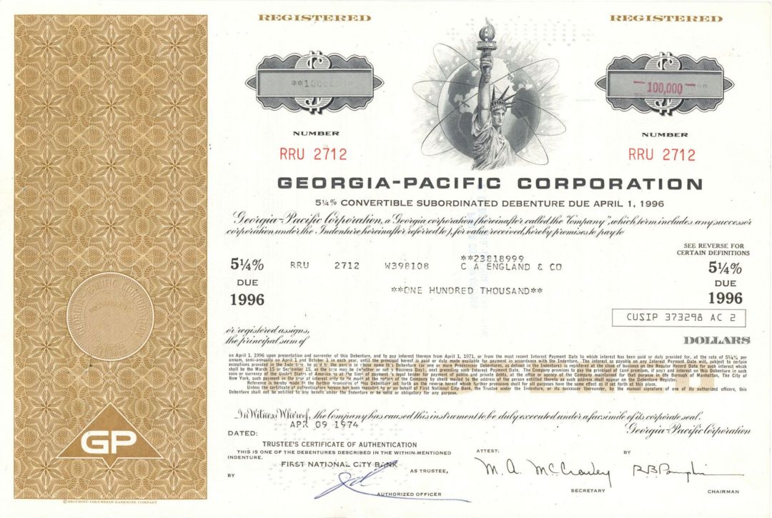 Georgia-Pacific Corporation - Pulp and Paper Company - 1974 or 1976 $100,000 Denominations Bond