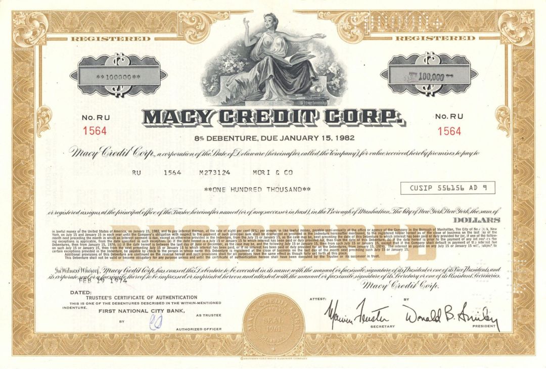 Macy Credit Corporation - 1974-1979 dated $100,000 Bond